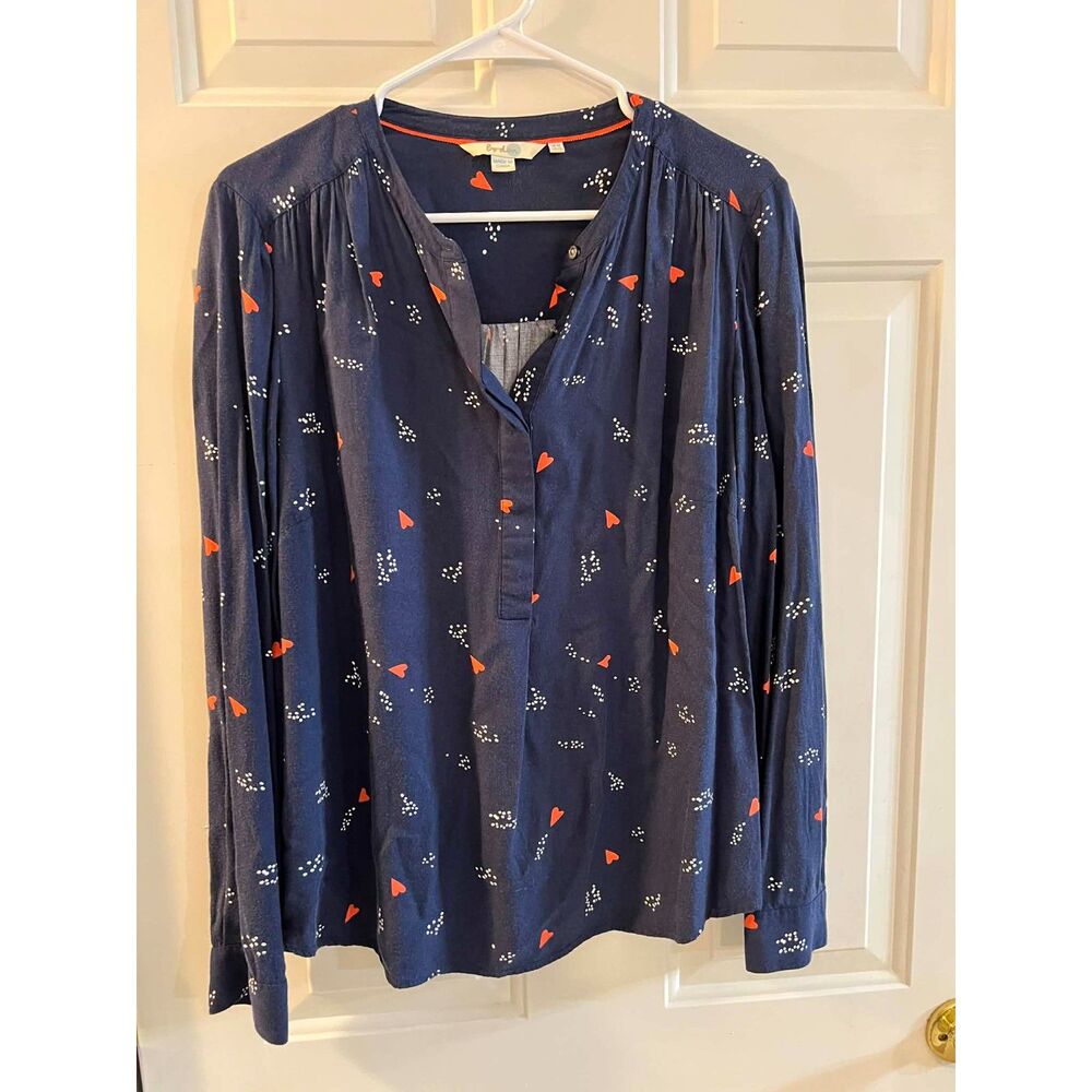 Boden Womens 14 Navy Heart Print Button Popover Blouse Preppy Whimsy